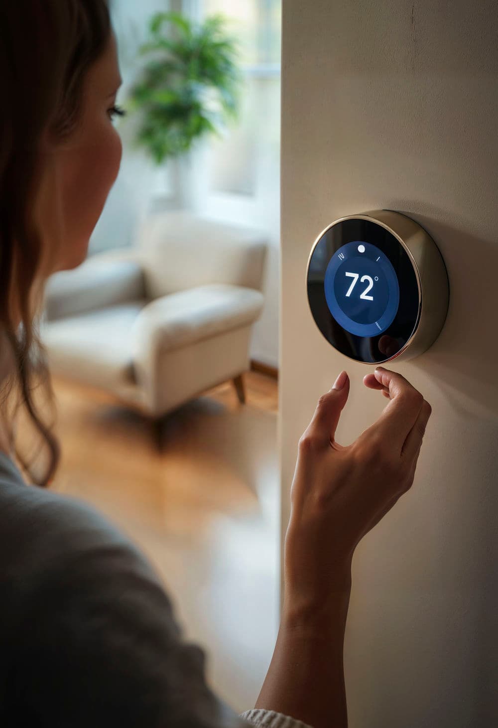 Woman adjusting a smart thermostat to 72 degrees in a modern living room.